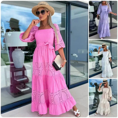💖Beperkte Uitverkoop 50% UIT💖Vrouwen Trendy Patchwork Stropdas Vierkante Hals Lange Jurk