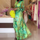 Elegante maxi-jurk met diepe V-hals en print