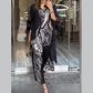 🔥Dames bedrukt tweedelig pak: zwart overhemd + losse broek