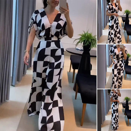 👗Damesjumpsuit met V-hals en geometrische print