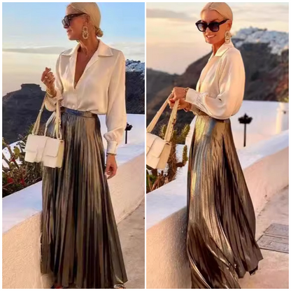 Wit damesshirt + metallic rok, tweedelige set