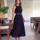 Elegante marineblauwe lange jurk met hoge taille voor dames