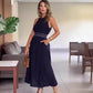 Elegante marineblauwe lange jurk met hoge taille voor dames