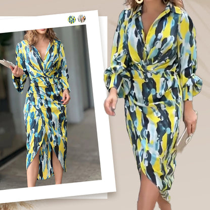 Women's Printed Waist-cinching Split Midi Dress