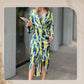 Women's Printed Waist-cinching Split Midi Dress