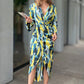Women's Printed Waist-cinching Split Midi Dress