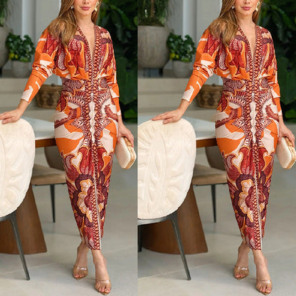 Elegante, nauwsluitende V-hals printjurk voor dames