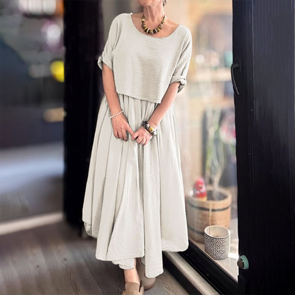 💐✨Comfortabele en elegante tweedelige damesset van katoen en linnen met blouse en rok met ronde hals