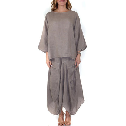 Casual effenkleurige losse top- en rokset
