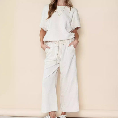 🌸Zomer Hot Sale 50% KORTING🌸Casual Losse Effen Kleur Top met Korte Mouwen en Wijde Broek Tweedelige Set