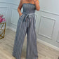 Strapless jumpsuit met strepen en trekkoord