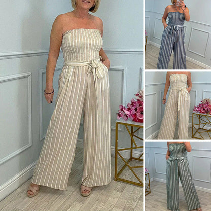 Strapless jumpsuit met strepen en trekkoord