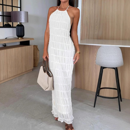 Sexy geplooide textuur halter nek backless maxi jurk