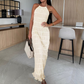 Sexy geplooide textuur halter nek backless maxi jurk