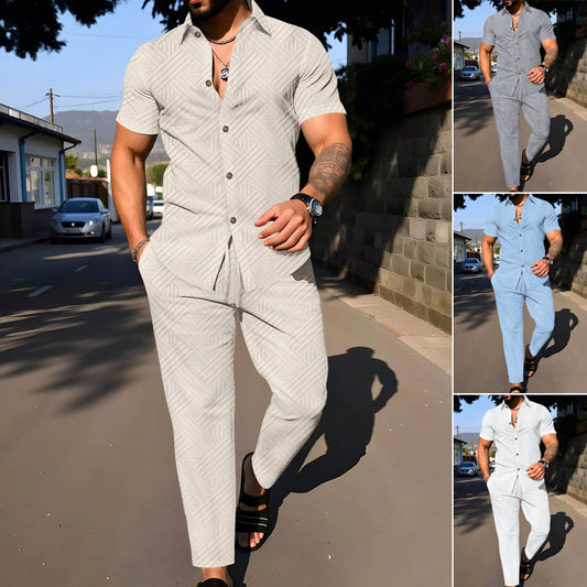 Uitgebreide shirt met korte broek en herenbroek met elastische taille in linnen, twee stuk set