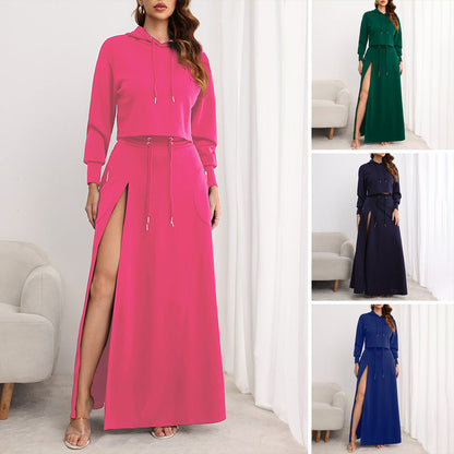 Solid Color Hoodie & Split Rok 2-delige set